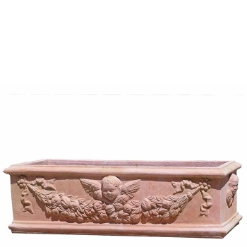 Preview: Bac à fleurs décoré avec putti et rinceaux en terre cuite Impruneta – élégance baroque italienne